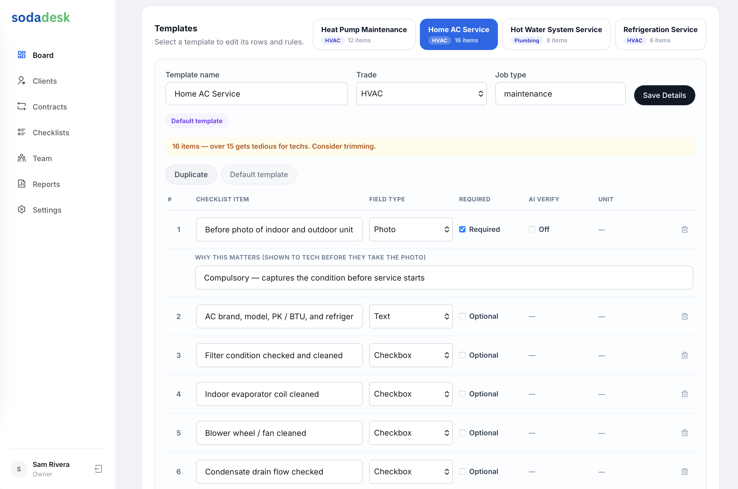 The SodaDesk checklist builder with required photo items and purpose hints