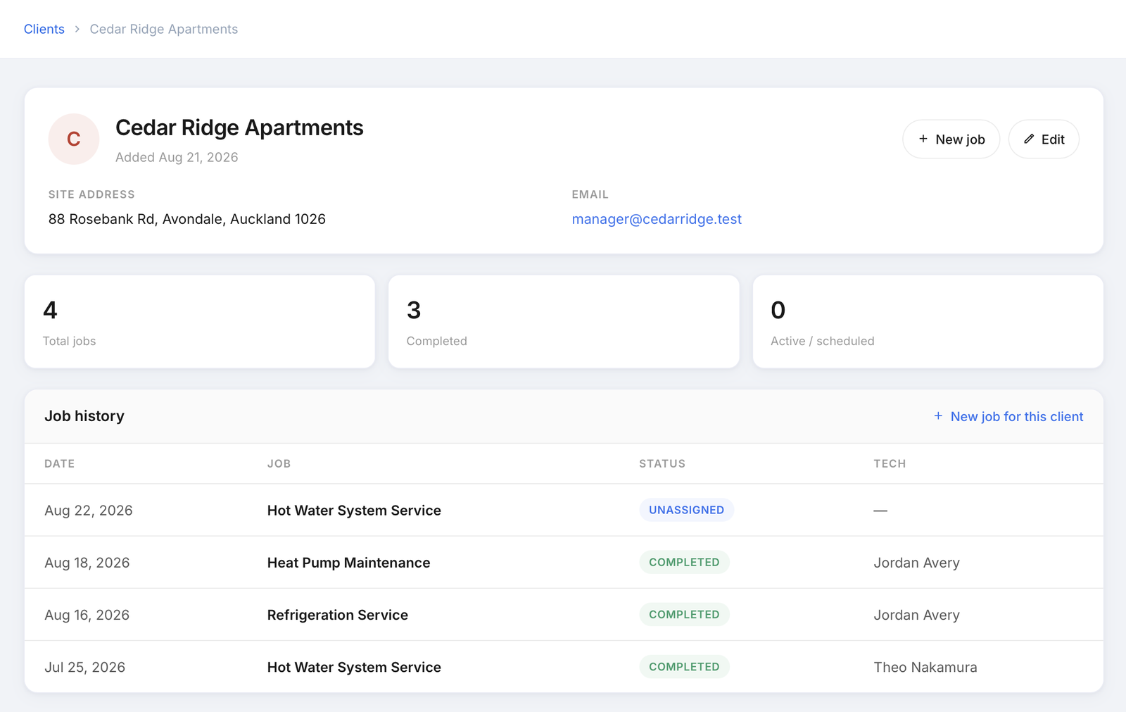 A SodaDesk client record showing site address and full job history