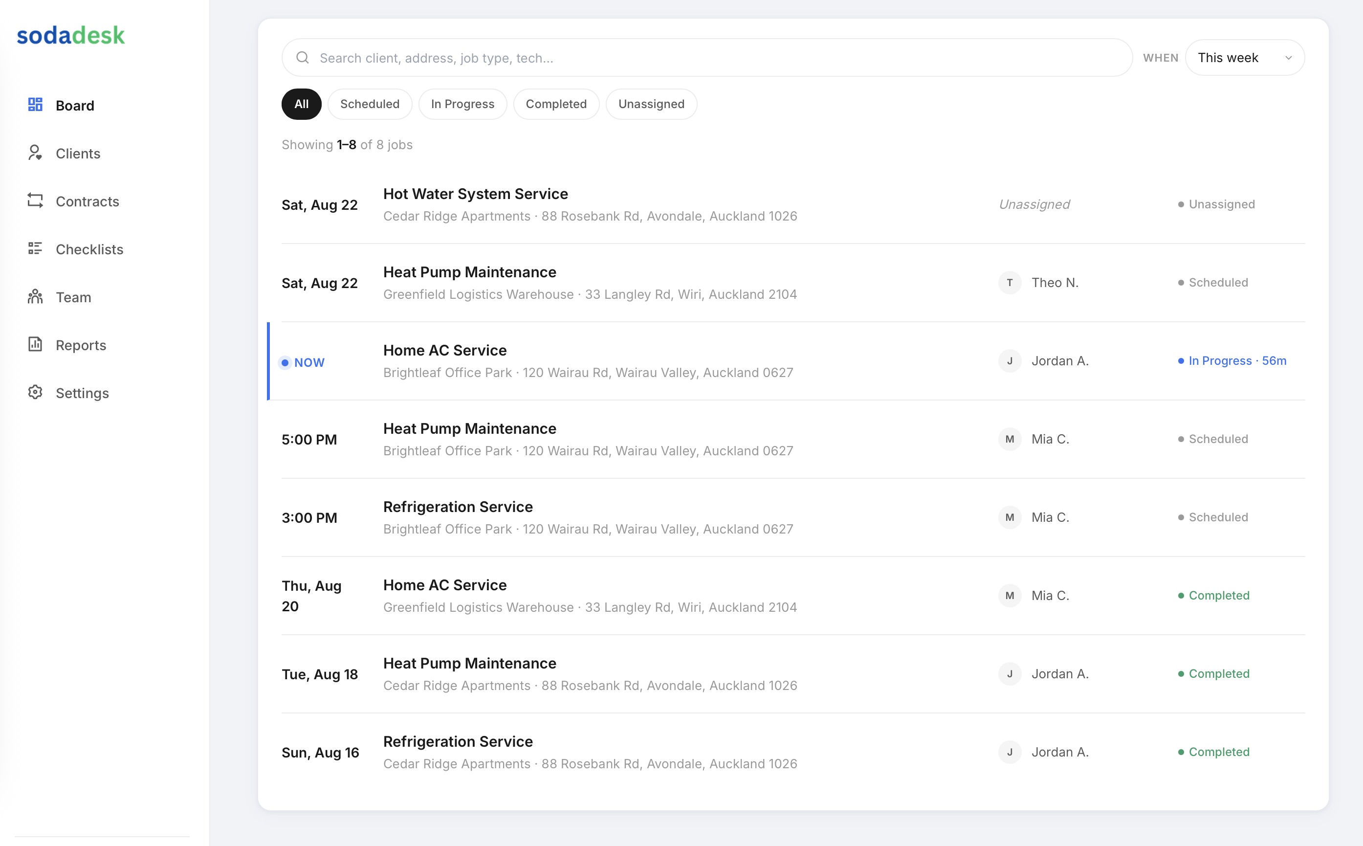 The SodaDesk job board filtered by status, showing scheduled and completed jobs
