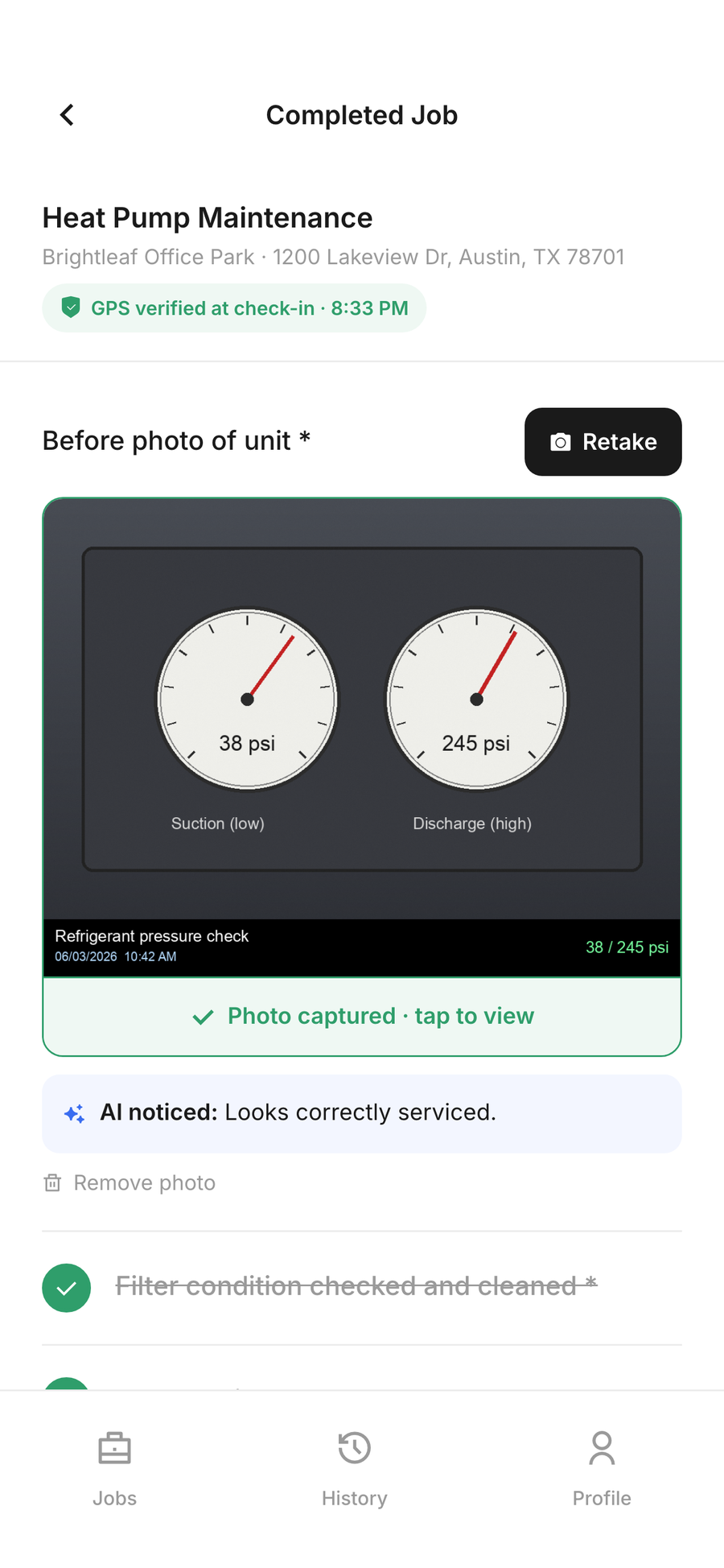 The SodaDesk field app checklist with a photo captured against an item