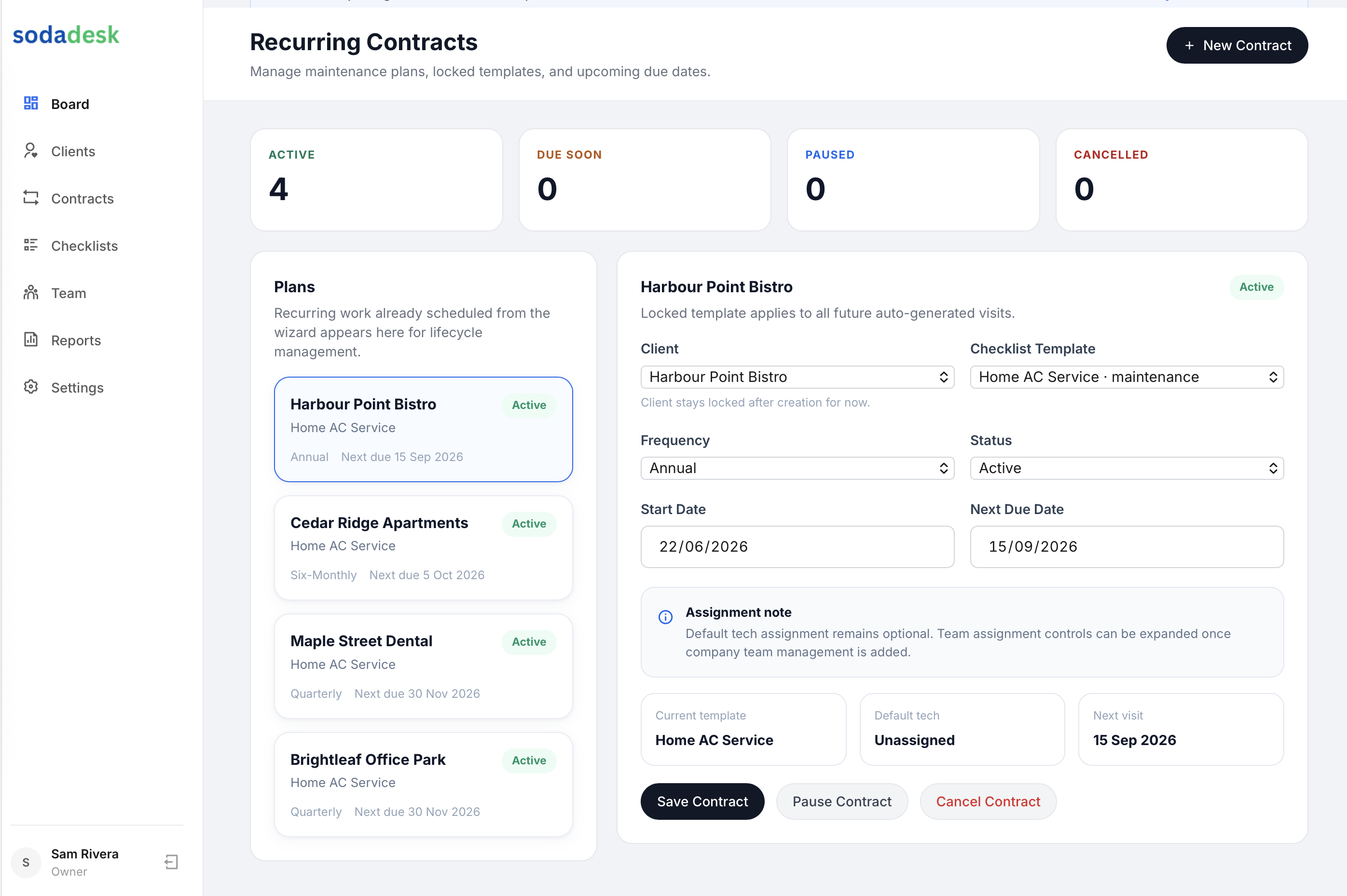 The SodaDesk recurring contracts screen showing plans and next due dates